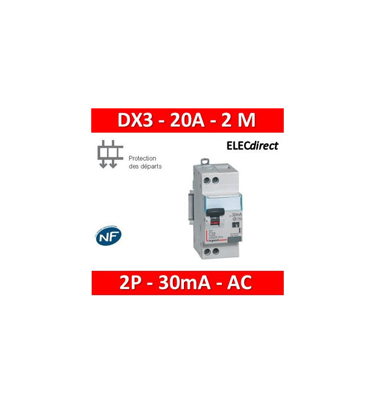 LEGRAND - Disjoncteur différentiel DX3 2P - 20A - 30mA - AC - 410706 -  ELECdirect Vente Matériel Électrique