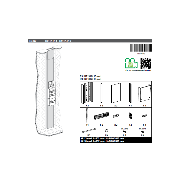 Schneider - Resi9 - kit goulotte 18M - 2 parties - corps - capot - cloisons - capot ERDF - Réf : R9HKT18