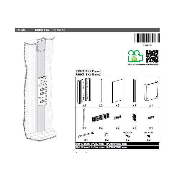 Schneider - Resi9 - kit goulotte 18M - 2 parties - corps - capot - cloisons - capot ERDF - Réf : R9HKT18