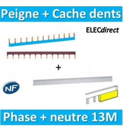 Hager - Peigne d'alimentation 13M Phase+Neutre + Cache dents Legrand - KB163P+KB163N+404988