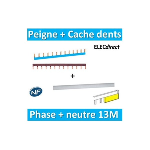 Hager - Peigne d'alimentation 13M Phase+Neutre + Cache dents Legrand - Réf. : KB163P+KB163N+404988
