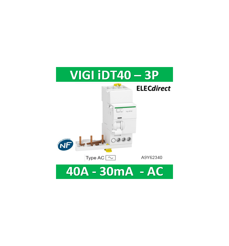 Schneider Electric Acti9 IDT40 Module Différentiel Vigi 3P 25A 30mA Type AC - Protection Électrique Fiable Et Compacte