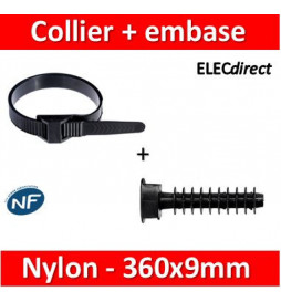 Ram - Collier de fixation nylon - noir - 360x9 + Embase D.8mm - Collier x100 (59136) +Embase x100 (59230)