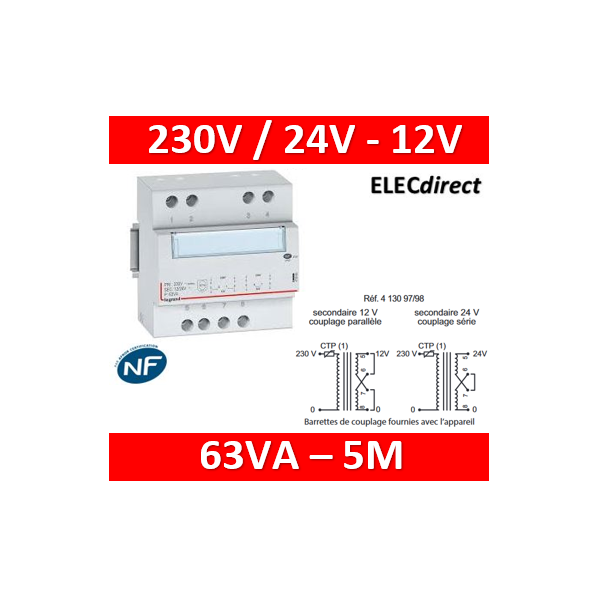 Legrand - Transformateur de sécurité - 230 V / 12 ou 24 V - 63 VA - Réf : 413098