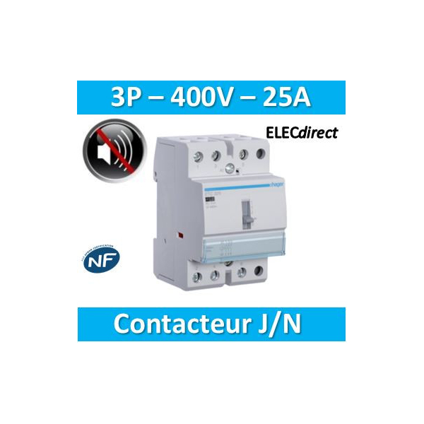 Hager - Contacteur J/N heures creuses - 25A - 3P pour chauffe-eau -  silencieux - ETC325S - ELECdirect Vente Matériel Électrique