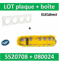 Schneider Odace - Plaque 4 postes + Boîte batibox BBC Legrand 4 postes - Hor/vert - s520708+080024