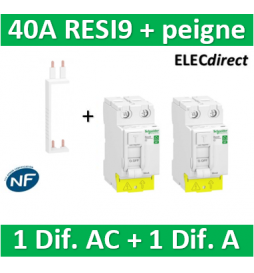 SCHNEIDER - DIF. XP RESI9 + peigne - (1 - ID 2x40A 30mA AC/1 - ID 2x40A 30mA A) - R9PRA240+R9PRC240+R9PXV