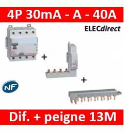 LEGRAND - Interrupteur différentiel DX3-ID 4P 40A - 30mA - A + module 4P - 411675+406301+405201