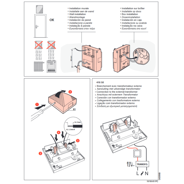 Schneider - Odace 2011 - Poussoir Porte Etiquette + Plaque + Carillon Legrand - Blanc - Ref. : S520266 + S520702 + 041651