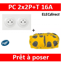 Kit double prise de courant 2P+T Surface dooxie 16A précâblées livrée avec  cadre pour montage en saillie finition blanc - particulier