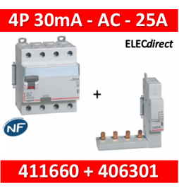 LEGRAND - Interrupteur différentiel DX3-ID 4P 25A - 30mA - AC + module 4P - 411660+406301