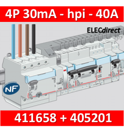 LEGRAND - Interrupteur différentiel DX3-ID 4P 40A - 30mA - HPI + peigne HX3 12M - 411658+405201