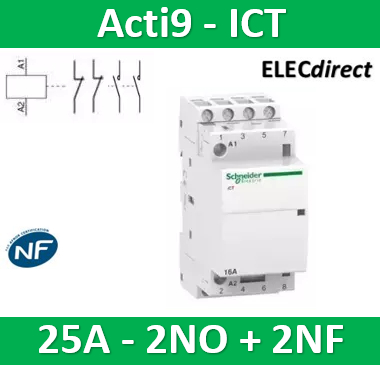 Schneider - Acti9 - Contacteur iCT - 25A - 2NF + 2NO - 230/240V - 50Hz - Réf : A9C20838