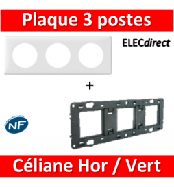 Legrand Céliane - Plaque de finition 3 postes + support - Blanc - 066633+080253