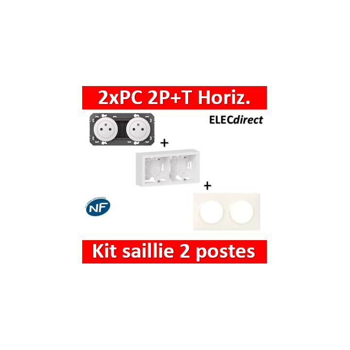 Legrand - Dooxie - Cadre saillie 2 postes + Prise 2P+T double pré-câblé + Plaque - Blanc - Ref. : 600042 + 600332+ 600802