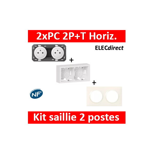 Legrand - Dooxie - Cadre saillie 2 postes + Prise 2P+T double pré-câblé + Plaque - Blanc - Ref. : 600042 + 600332+ 600802
