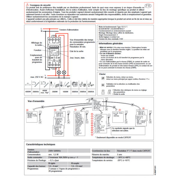 Interrupteur horaire annuel programmable Bluetooth 230V - 2 sorties 16A  Legrand