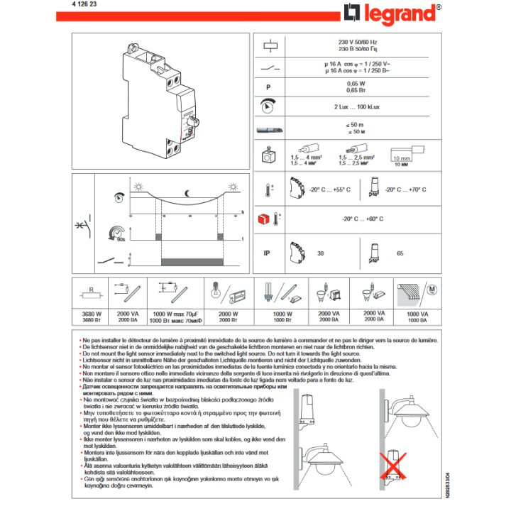 Legrand - Interrupteur crépusculaire standard avec photocellule - 230V - Réf :  412623