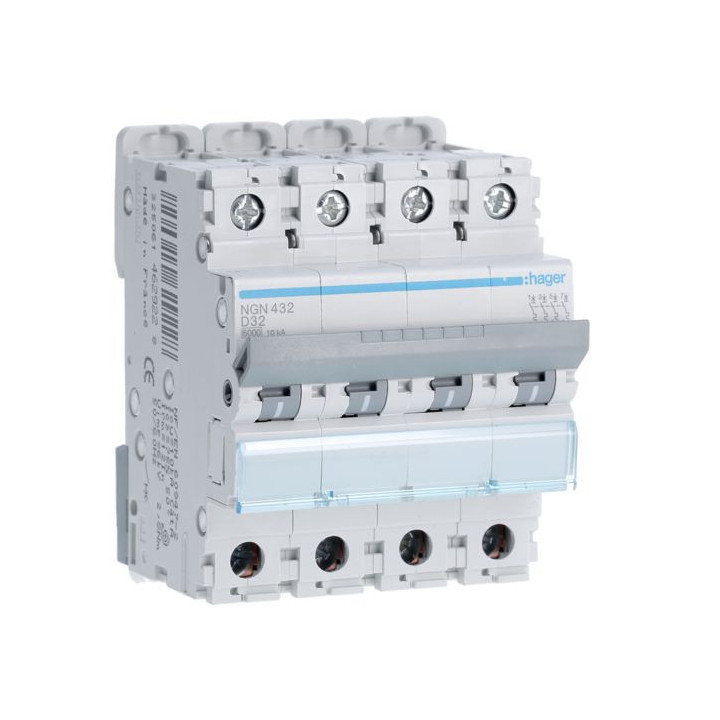 HAGER - Disjoncteur - 4P - 32A - Courbe D - 6000A/10kA - Réf :NGN432