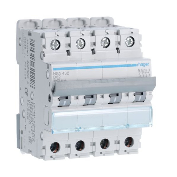 HAGER - Disjoncteur - 4P - 32A - Courbe D - 6000A/10kA - Réf :NGN432