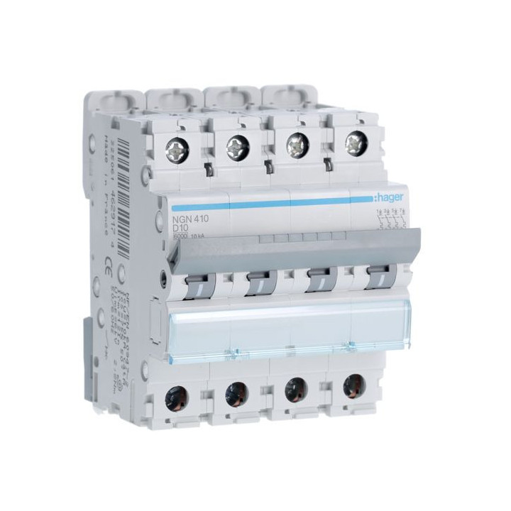 HAGER - Disjoncteur - 4P - 10A - Courbe D - 6000A/10kA - Réf :NGN410