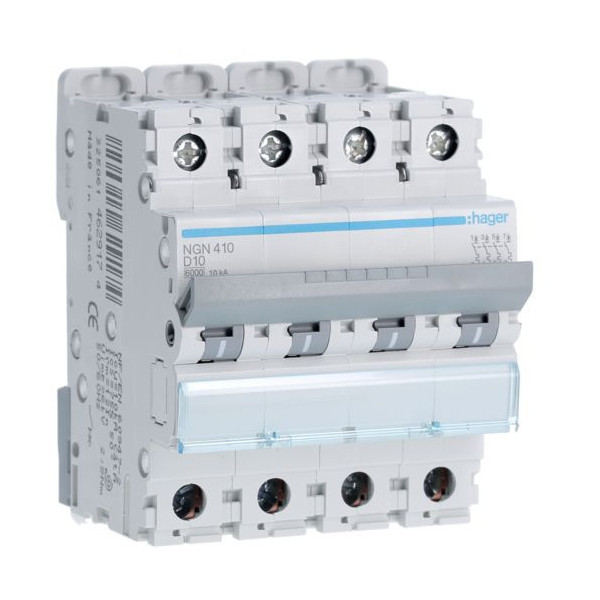 HAGER - Disjoncteur - 4P - 10A - Courbe D - 6000A/10kA - Réf :NGN410