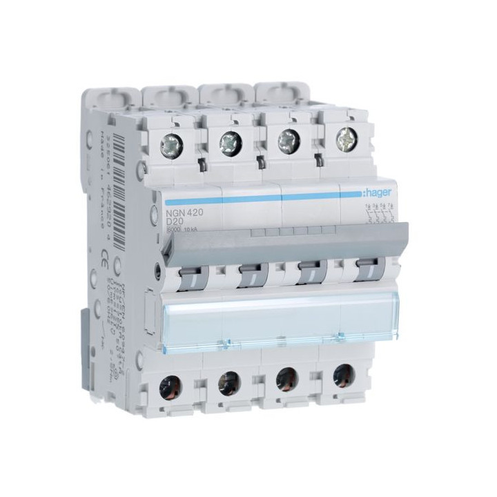 HAGER - Disjoncteur - 4P - 20A - Courbe D - 6000A/10kA - Réf :NGN420