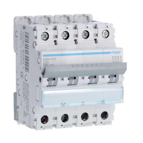 HAGER - Disjoncteur - 4P - 20A - Courbe D - 6000A/10kA - Réf :NGN420