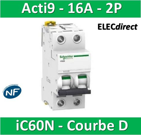Schneider - Acti9 - iC60N - Disjoncteur - 2P - 16A - 6kA - courbe D -  Réf : A9F75216