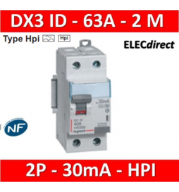 LEGRAND - Interrupteur Différentiel 2P - 63A - 30ma Type HPI Départ Bas - 411592