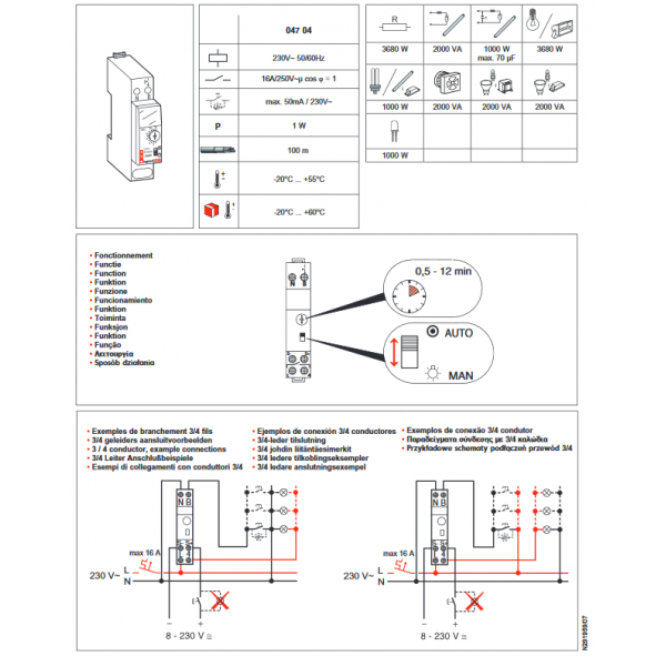 004704 Minuterie modulaire multifonction 230V~ 50Hz et 60Hz - sortie 16A  250V~ - 1 module - professionnel