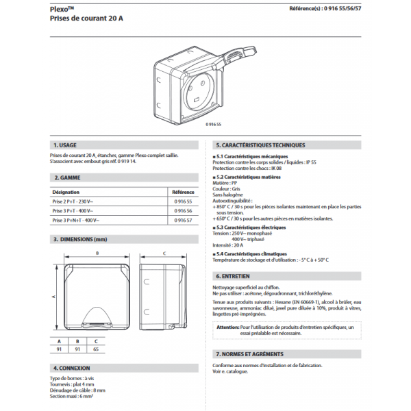 LEGRAND Plexo Prise Triphasée 3P+N+T étanche 20A Complet Gris IP55