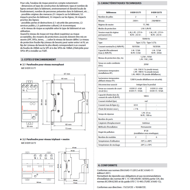 Legrand - Parafoudre bipolaire - Type 2 LEXIC avec protection intégrée + Cartouche de rechange - Réf. : 003951+003954
