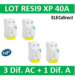 SCHNEIDER - LOT de 4 inter dif. XP - (3 - ID 2x40A 30mA AC/1 - ID 2x40A 30mA A) - R9PRC240x3+R9PRA240