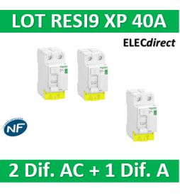 SCHNEIDER - LOT de 3 inter dif. RESI9 XP - (2 - ID 2x40A 30mA AC/1 - ID 2x40A 30mA A) - R9PRC240x2+R9PRA240