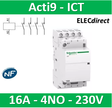 Schneider - Acti9 - Contacteur iCT - 16A - 4NO - 230/240V - 50Hz - Réf : A9C22814