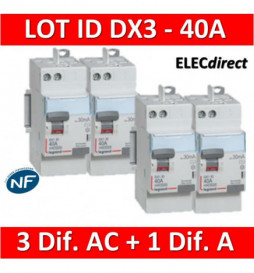 LEGRAND - LOT de 4 inter différentiels DX3 - AUTO - (3 - ID 2x40A 30mA AC - ID 2x40A 30mA A) 411632x3 + 411638