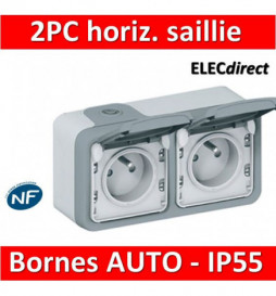 Double prise de courant horizontale avec volet Plexo complet saillie blanc  LEGRAND 070025