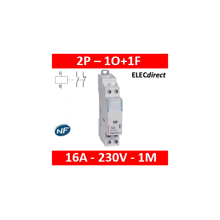 Legrand - Contacteur de puissance bipolaire bobine 230V - 16A - 1O+1F - Réf : 412521