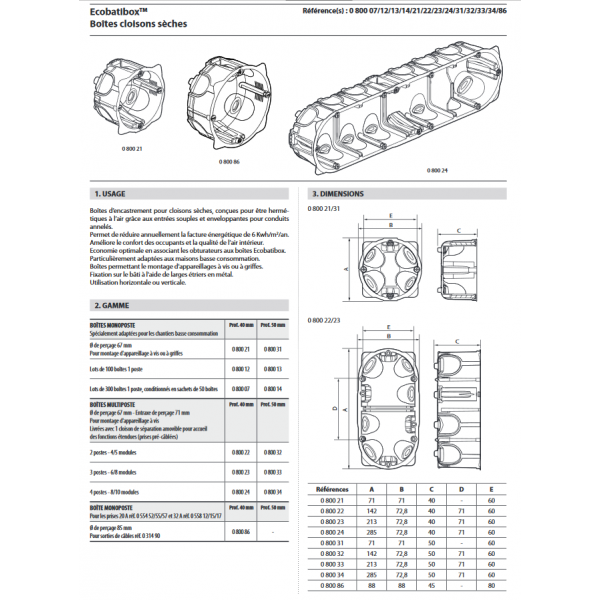 D.67 prof.40 Boîte dencastrement multi-matériaux RT2012-3 postes 