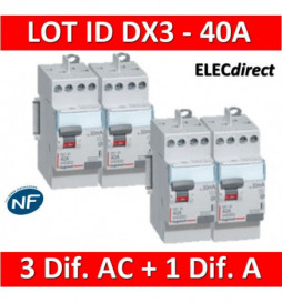 LEGRAND - LOT de 4 inter différentiels DX3 - (3 - ID 2x40A 30mA AC - ID 2x40A 30mA A) 411611x3 + 411617