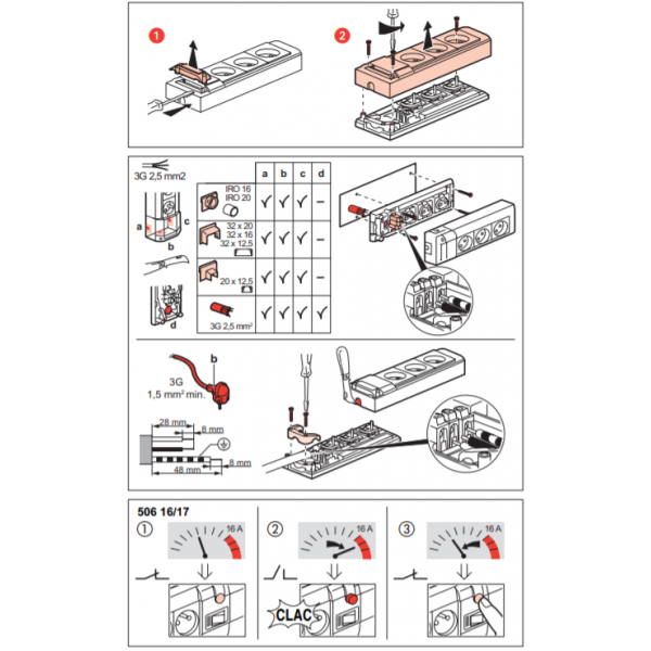 050611 Multiprise équipée de 6 prises 2P+T longueur 343mm pour fixation au  mur , mobile ou avec moulure - à cabler - professionnel