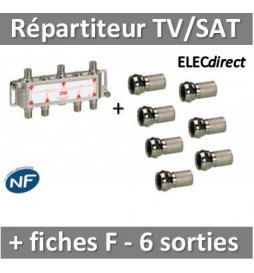 CAHORS - Répartiteur TV/Satellite - 6 sorties "F" + Fiches F x7