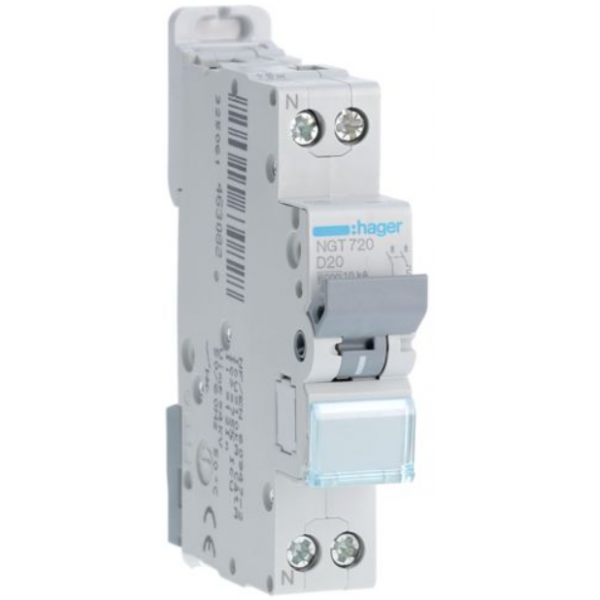 HAGER - Disjoncteur 1P+N 6-10kA courbe D - 20A 1 module - NGT720