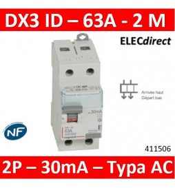 LEGRAND - Inter différentiel dx³-id - vis/vis - 2P- 230v~-63A - type ac -  30ma - 411506 - départ bas - ELECdirect Vente Matériel Électrique