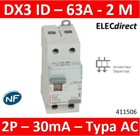 Interrupteur différentiel 63A bipolaire type A - vis/auto - 411639