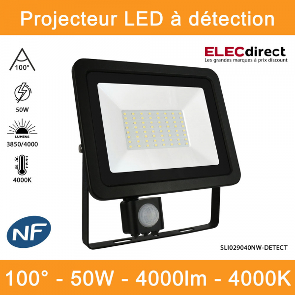 Spectrum - Projecteur LED noir à détection - Noctis Lux 2 - 230V, 50W - 3850/4000lm, 4000K -  IP44 - Réf : SLI029040NW-DETECT