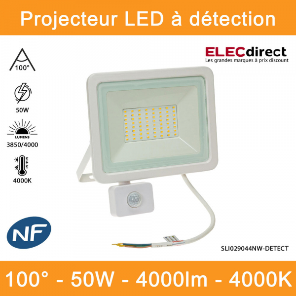 Spectrum - Projecteur LED blanc à détection - Noctis Lux 2 - 230V, 50W - 3850/4000lm, 4000K -  IP44 - Réf : SLI029044NW-DETECT