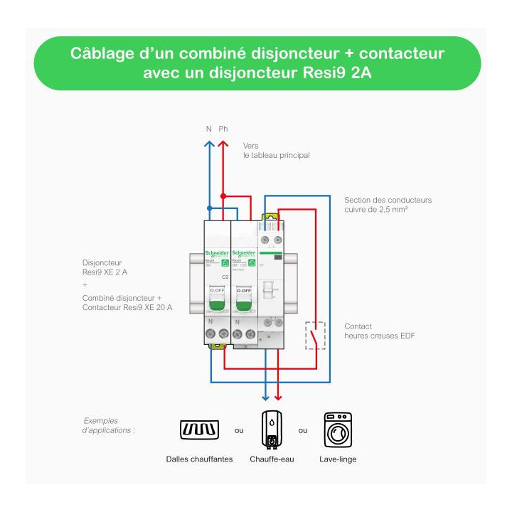 Schneider - Resi9 XE - Contacteur J/N bipolaire 2F combiné avec disjoncteur 20A 1P+N - Courbe C - Embrochable - Réf : R9ECT620