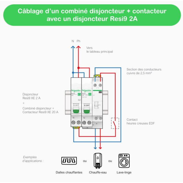 Schneider - Resi9 XE - Contacteur J/N bipolaire 2F combiné avec disjoncteur 20A 1P+N - Courbe C - Embrochable - Réf : R9ECT620